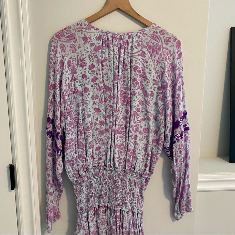 Hemant & Nandita Blue Purple Floral Sequin Smocked Long Sleeve Mini Dress XS - Picture 10 of 16
